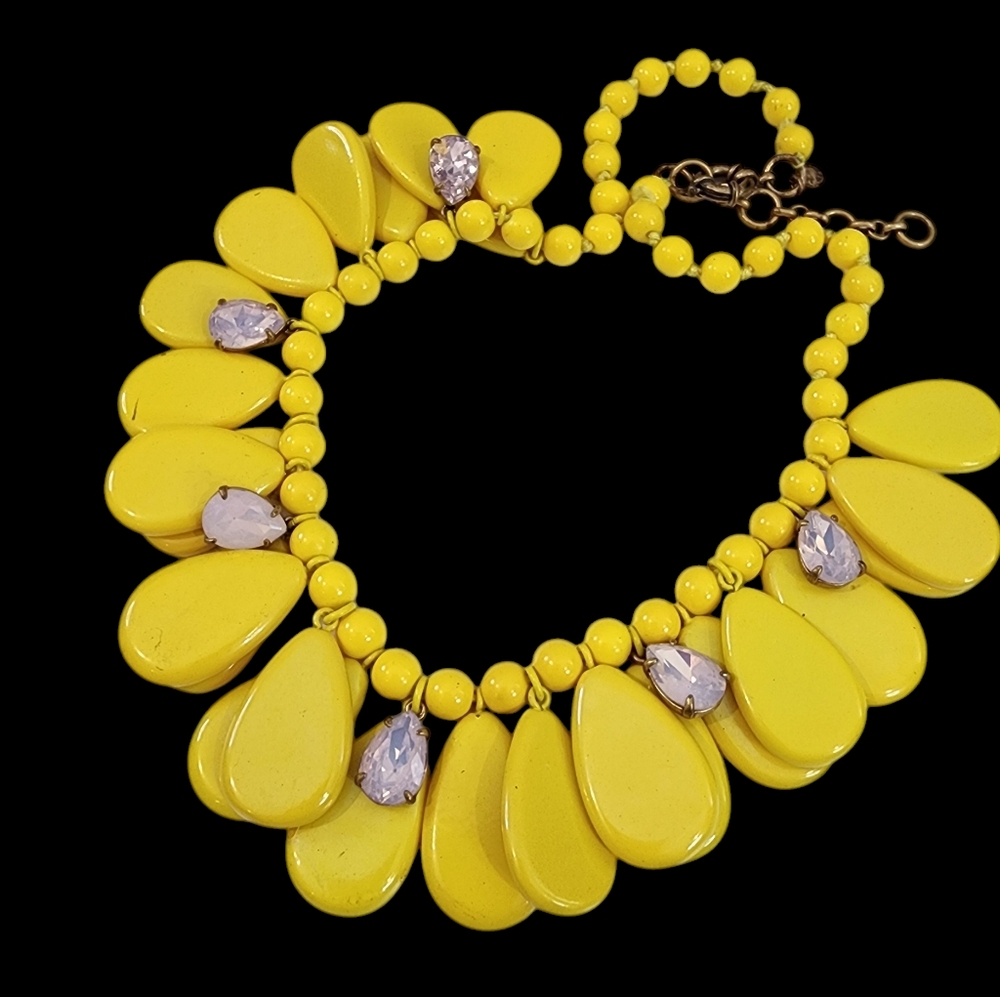 Vintage J. Crew statement necklace yellow teardrops pink rhinestones chunkyA0266 - Picture 2 of 13